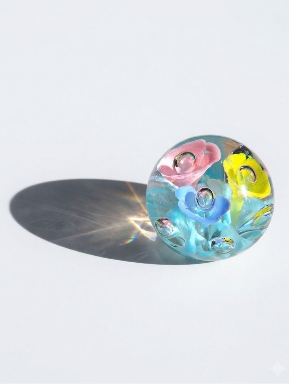 Vintage Art Glass Paperweight Blue Crystal Sphere with Pink & Yellow Flowers Bub